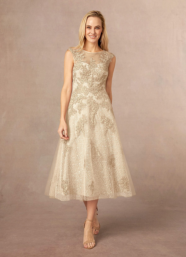 Azazie Flynn Mother of the Brides Dresses Champagne A-Line Boatneck Lace Tulle Dress image1