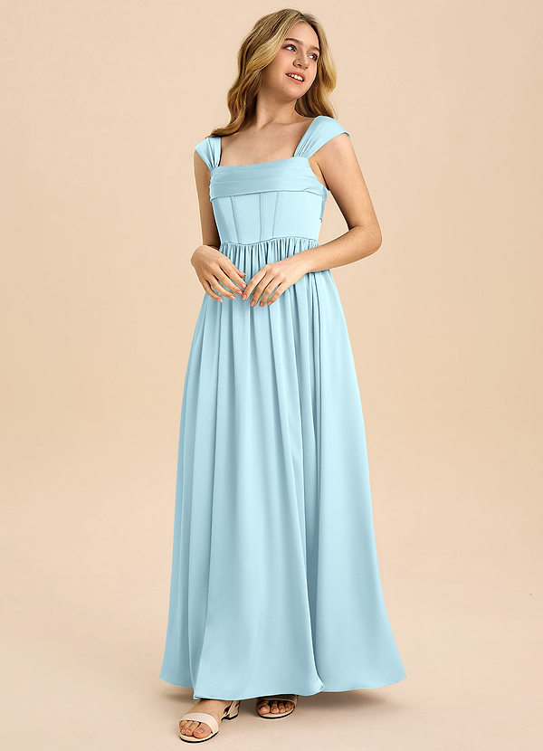Azazie Hattie Junior Cloud Blue A-Line Pleated Stretch Satin Dress image1