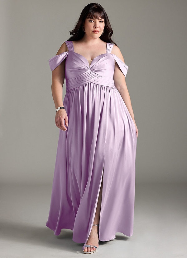 Azazie Lianne Bridesmaid Dresses Frosted Lilac A-Line Off the Shoulder Stretch Satin Dress image1