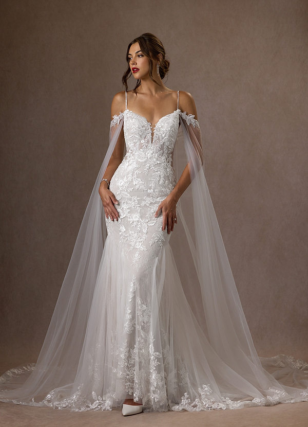 Azazie Leonie Wedding Dresses Diamond White Mermaid V-Neck Sequins Tulle Dress image1