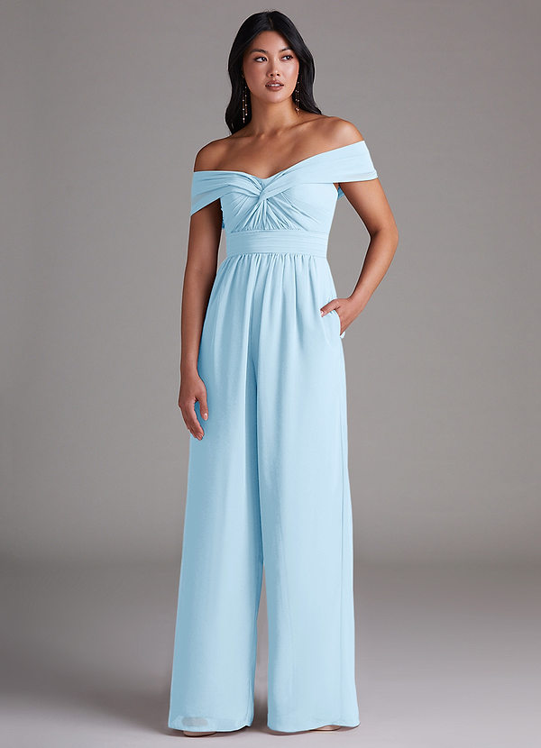 Azazie Lamara Robes Demoiselle d'honneur Combinaison Convertible en Mousseline de soie Épaule décolletée Bleu Ciel image1