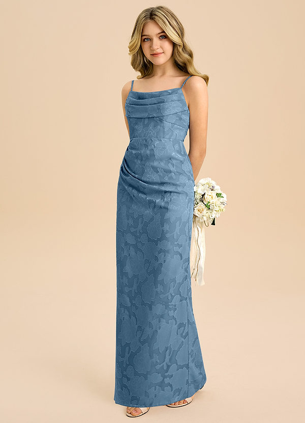 Azazie Mai Junior Etui Plissee Blumen-Burnout Kleid Stahlblau image1