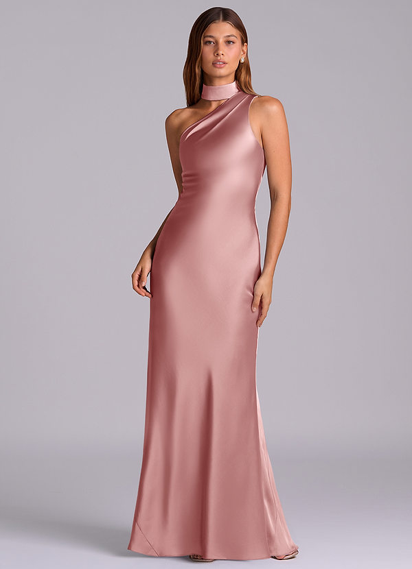 Azazie Seona Robes Demoiselle d'honneur Robe Sirène en Satin extensible Ue épaule Rose Poussiéreuse image1