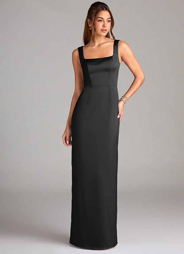 Azazie Flori Bridesmaid Dresses Black Sheath Side Slit Stretch Satin Dress image1