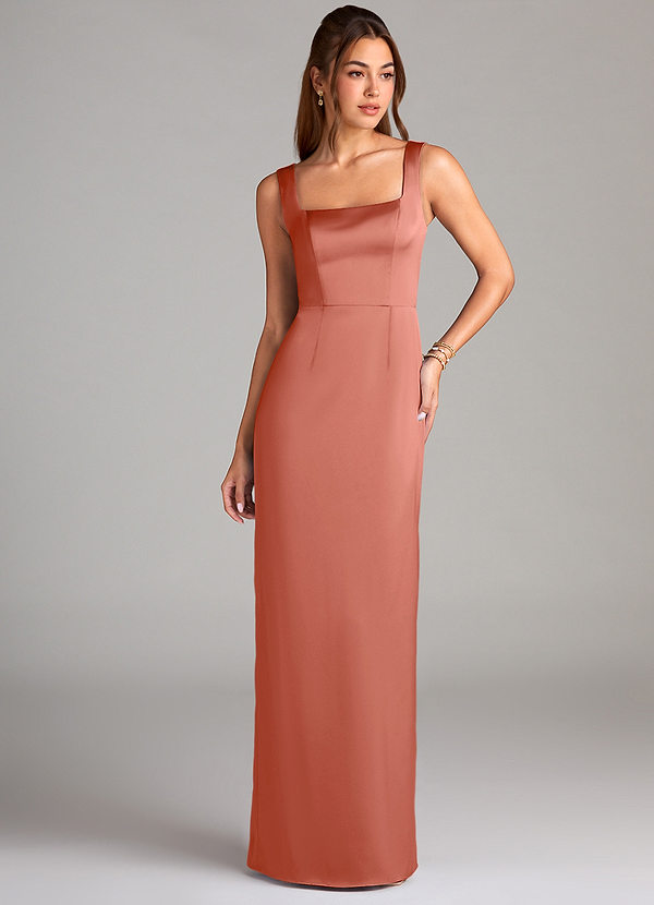 Azazie Flori Bridesmaid Dresses Salmon Pink Sheath Side Slit Stretch Satin Dress image1