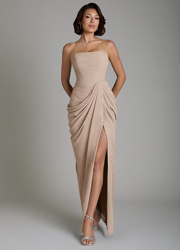 Azazie Nyra Robes de demoiselle d'honneur Robe Fourreau en Mousseline de soie Corset Taupe image1