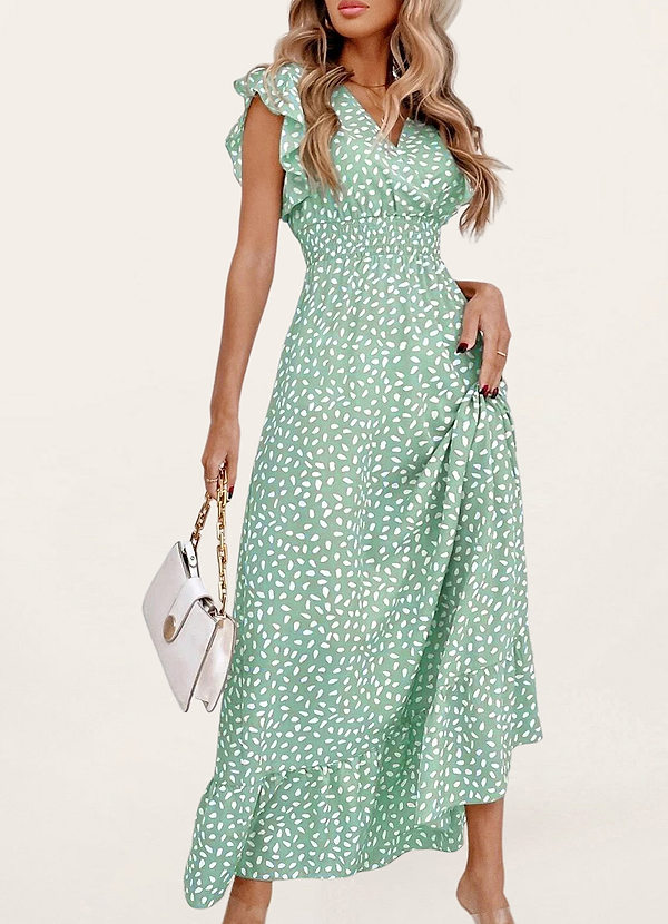 front Hello Sweetheart Mint Green Print Flutter Sleeve Maxi Dress