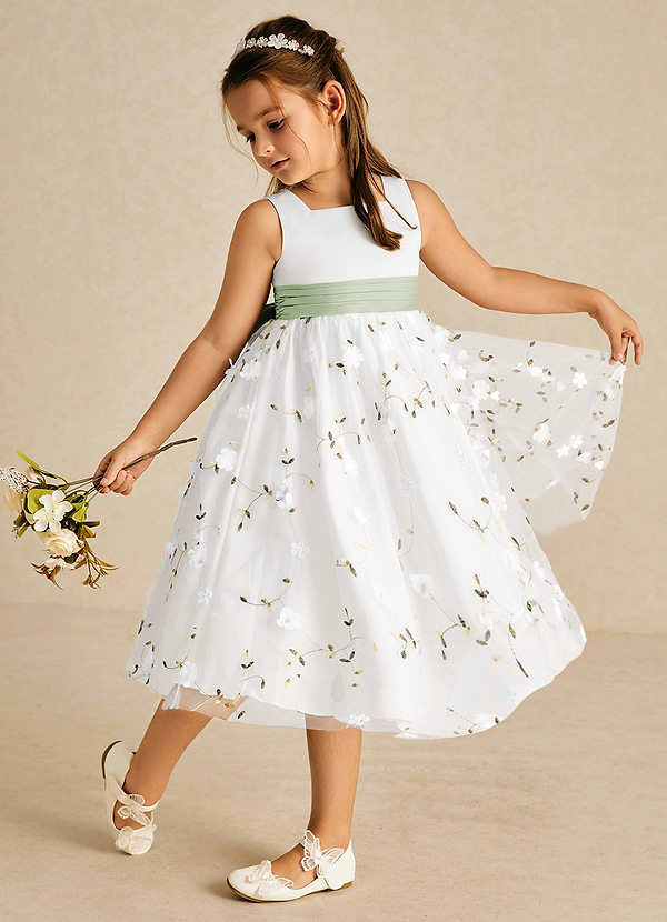 Azazie Pollie Flower Girl Dresses Ivory Dusty Sage A-Line Bow Tulle Dress image1