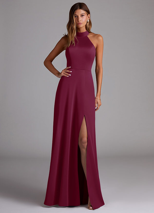 Azazie Myra Robes Demoiselle d'honneur Robe Trapèze en Satin extensible Fente Latérale Mûre image1