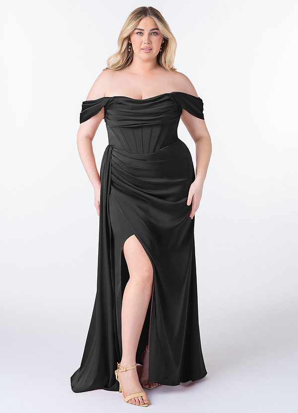 Azazie Amyra Bridesmaid Dresses Black Sheath Off the Shoulder Stretch Satin Convertible Dress image1