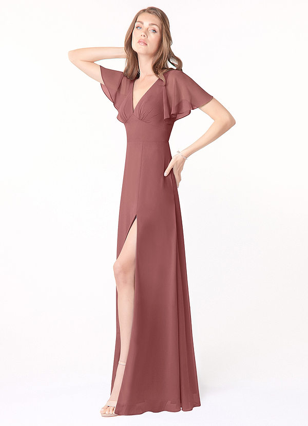 Azazie Kimber Bridesmaid Dresses A-Line Flounce Sleeve Chiffon Floor-Length Dress image2