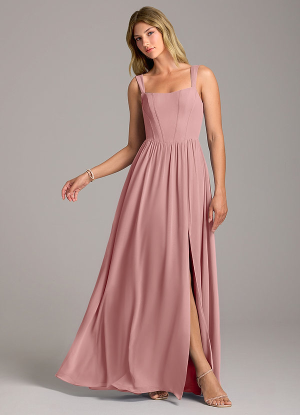 Azazie Rosaline Bridesmaid Dresses Dusty Rose A-Line Side Slit Chiffon Dress image1