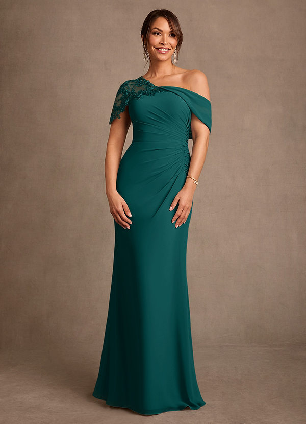 Azazie Sally Vestidos de Madre de la Novia Vestido de Pavo Real de Gasa de Corte Recto con Encaje image1