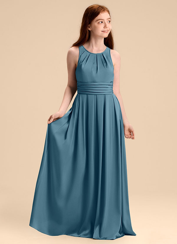 Azazie Bibiane Junior Vestido de Bermudas de Satén Elástico de Corte en A con Plisado image1