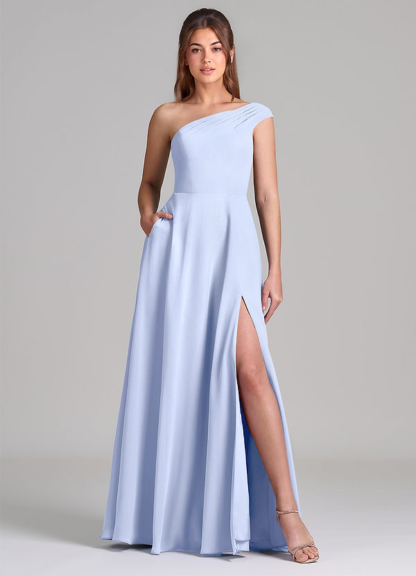 Azazie Melanie 신부 들러리 드레스 A라인 오프 더 숄더 쉬폰 바닥 길이 드레스 image1