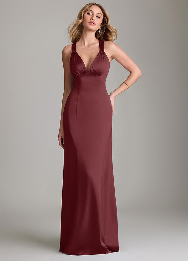 Azazie Cemion 신부 들러리 드레스 A라인 스트레치 새틴 바닥 길이 드레스 image1