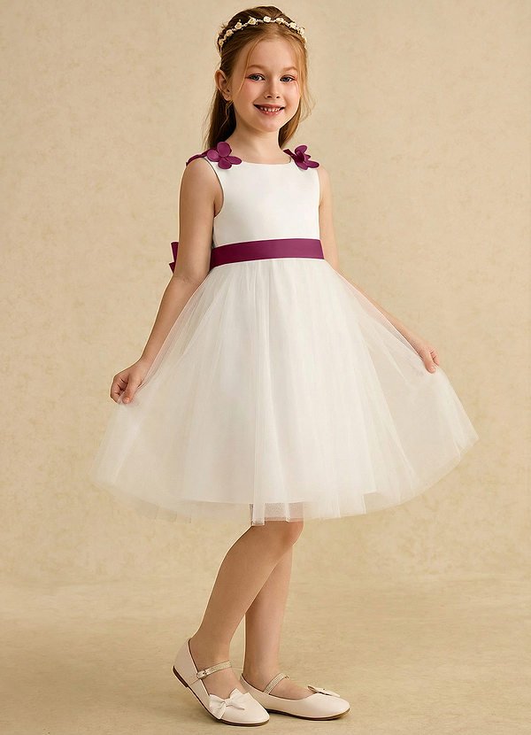 Azazie Lona Bloemenmeisjes Jurken A-Lijn Jurk van Mat Satijn Boog Ivoor Moerbei image1