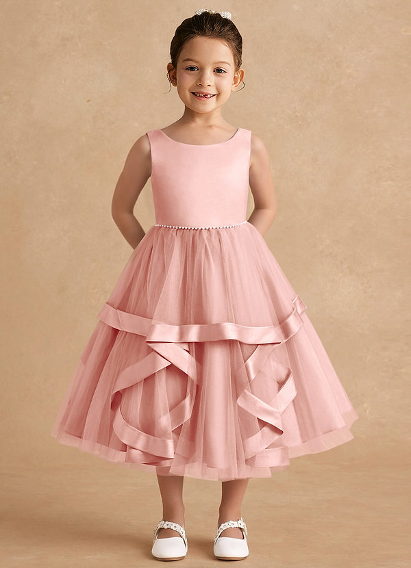 Azazie Posy Blumenkinder Kleider A-Linie Mit Perlen Tüll Kleid Rosettenrosa image1