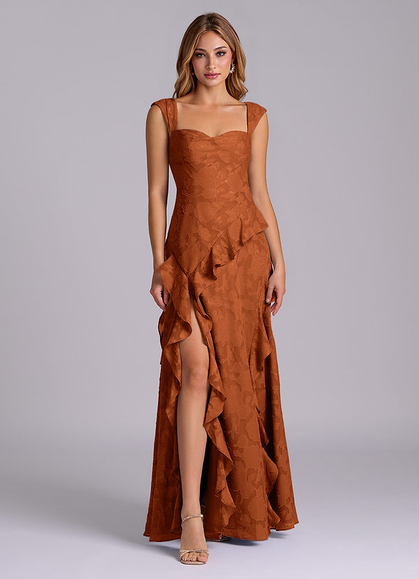 Azazie Sloane Bridesmaid Dresses Burnt Orange A-Line Sweetheart Neckline Floral Burnout Dress image1