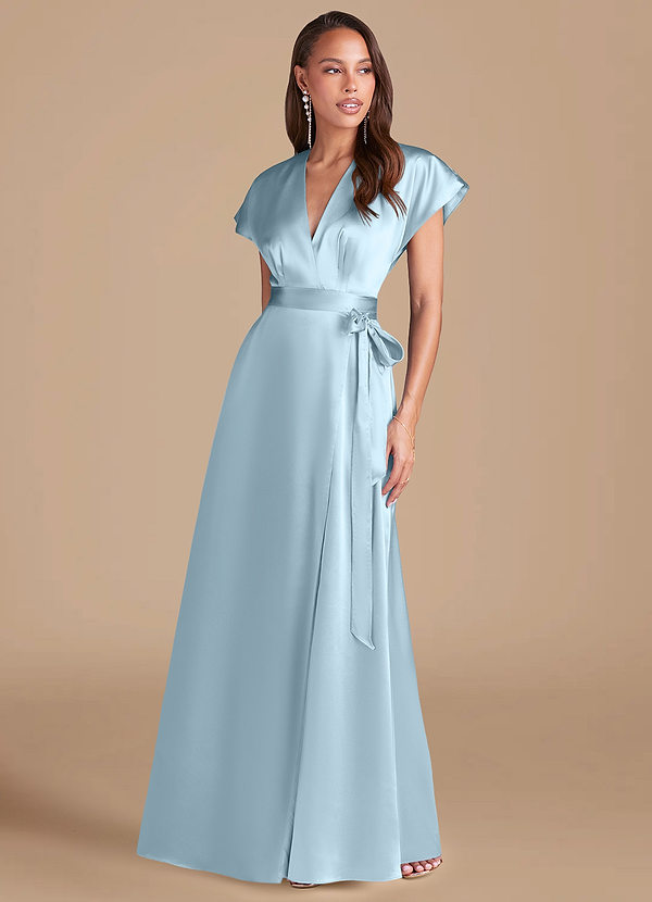 Azazie Nico Robes Demoiselle d'honneur Robe Trapèze en Satiné métallisé Plissée Bleu Ciel image1
