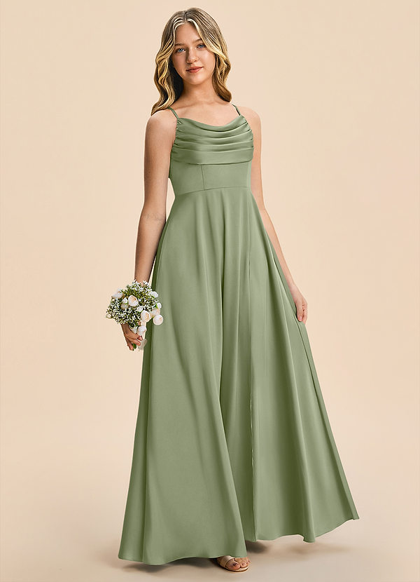 Azazie Gia Junior Pistachio A-Line Pleated Stretch Satin Dress image1