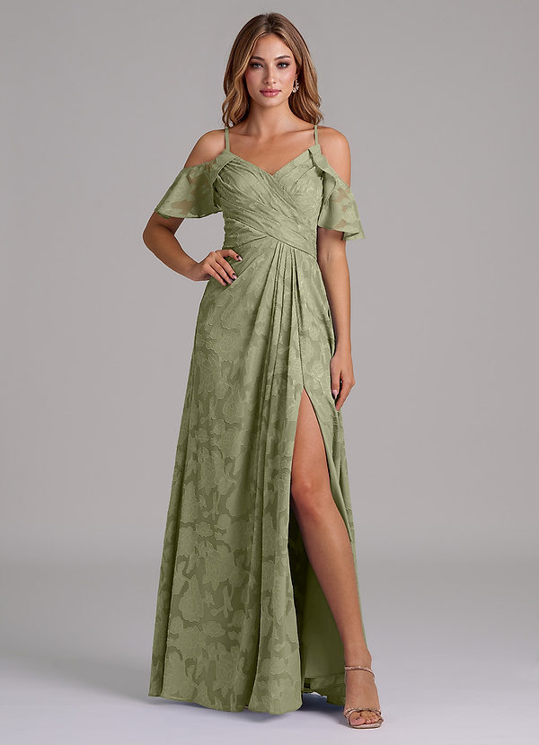 Azazie Dakota Robes Demoiselle d'honneur Robe Trapèze en Blumen-Burnout Épaule décolletée Pistache image1