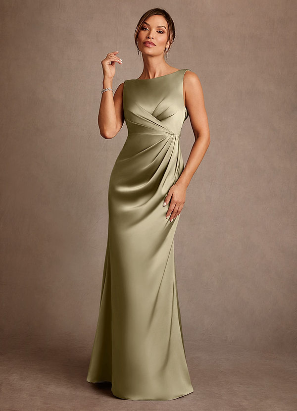 Azazie Baltimore Vestidos de Madre de la Novia Vestido de Musgo Verde de Satén Elástico de Corte en A con Plisado image1