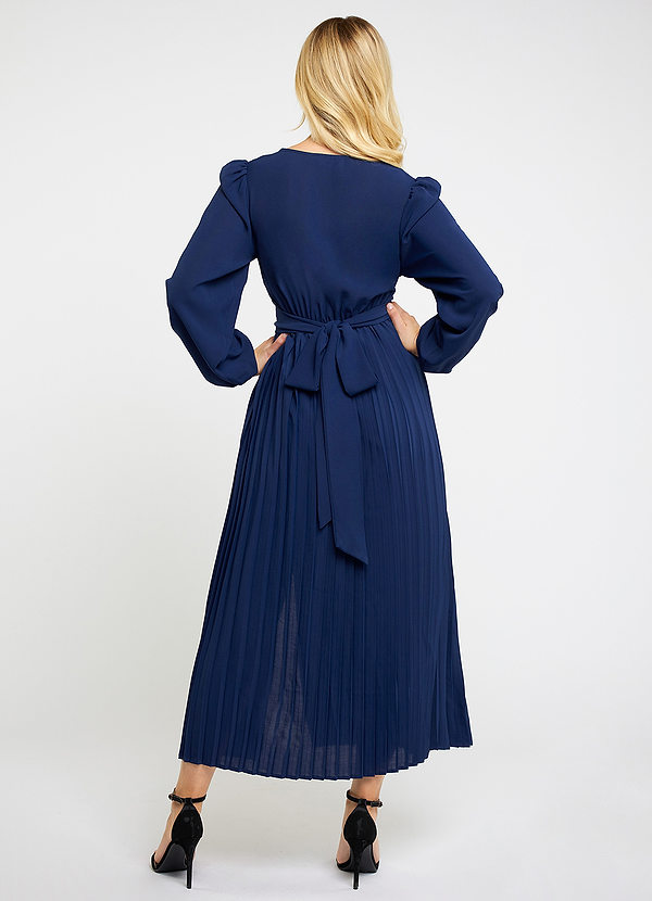 back Aniak Navy Blue Long Sleeve Pleated Midi Dress