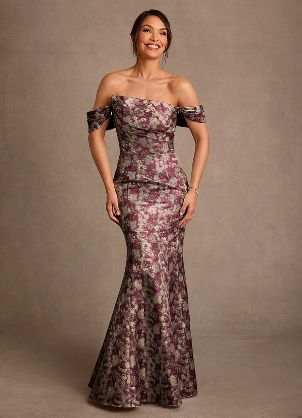 Azazie Nettie Cabernet Mermaid Off the Shoulder Jacquard Dress