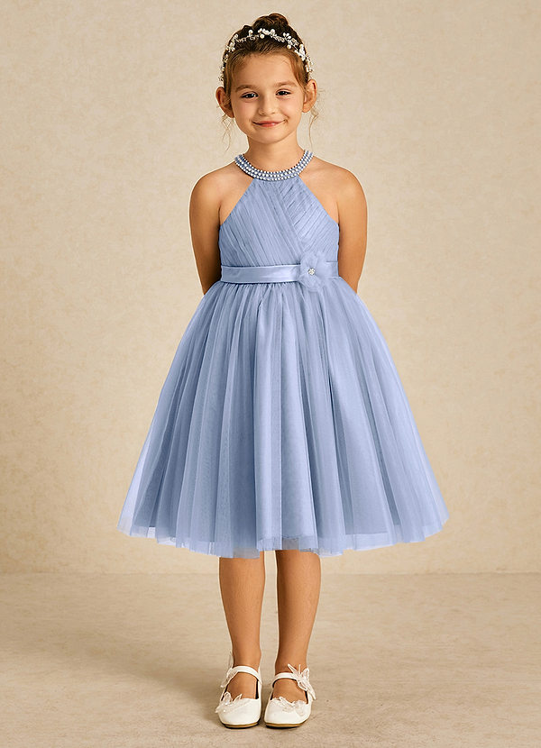 Azazie Honey Flower Girl Dresses Ice A-Line Beaded Matte Satin Dress image1