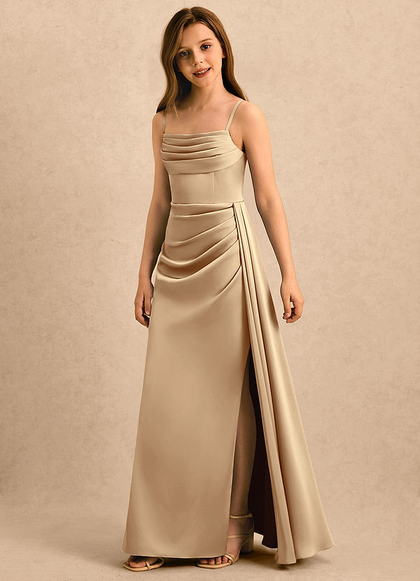 Azazie Shyla Girls Formal Sukienki dla dziewczynek sypiących kwiaty Osłona Pofałdowany Satyna elastyczna Długość podłogi Sukienka image1
