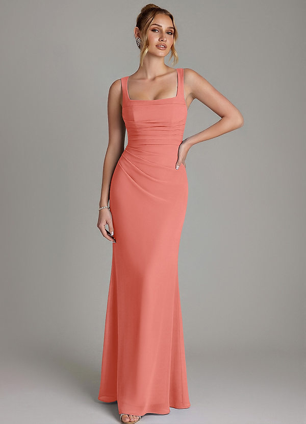 Azazie Agustina Bridesmaid Dresses Salmon Pink Mermaid Corset Chiffon Dress image1