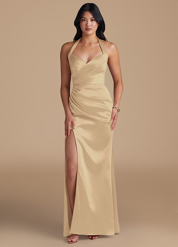 Azazie Emeria Bridesmaid Dresses Champagne Sheath Side Slit Metallic Satin Dress image1