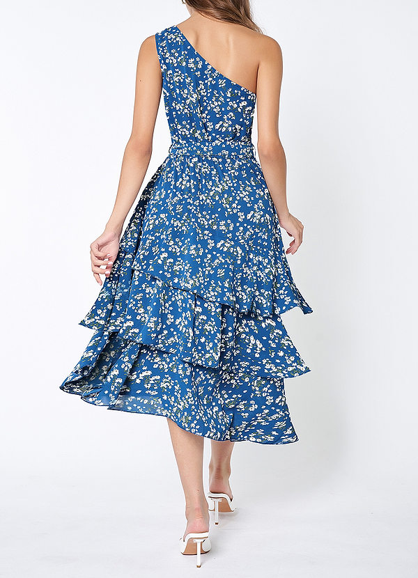 back Maynard Blue Floral Print Tiered Midi Dress