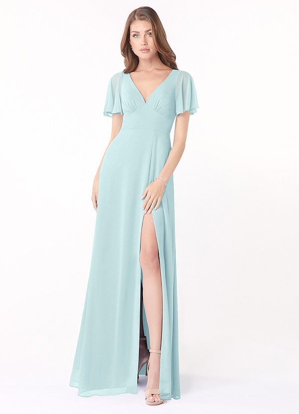 Azazie Kimber Bridesmaid Dresses Sea Glass A-Line Flounce Sleeve Chiffon Dress image1