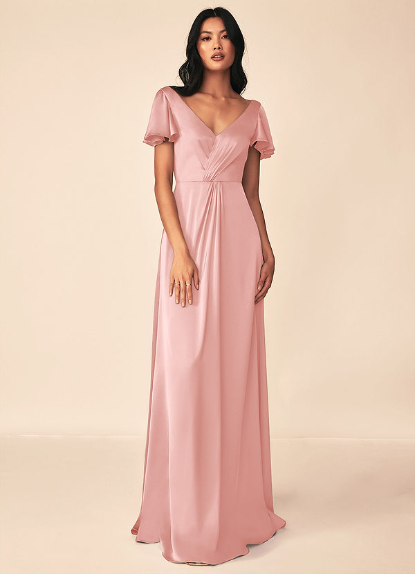 Azazie Soren Bridesmaid Dresses Powder Pink A-Line Pleated Stretch Satin Dress image1