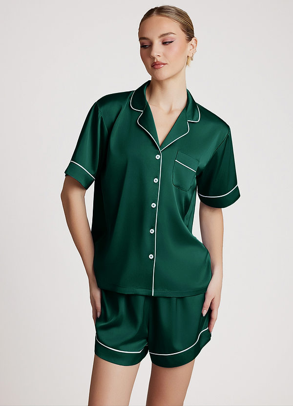 front Emerald Satin Contrast Piping Pajama Set