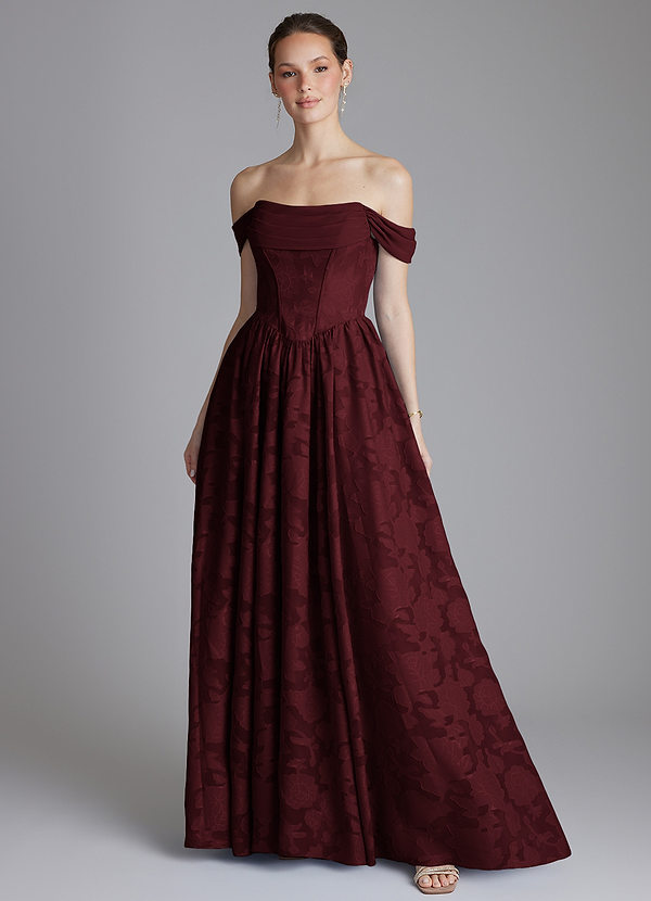 Azazie Raisa Bridesmaid Dresses Cabernet A-Line Off the Shoulder Floral Burnout Dress image1