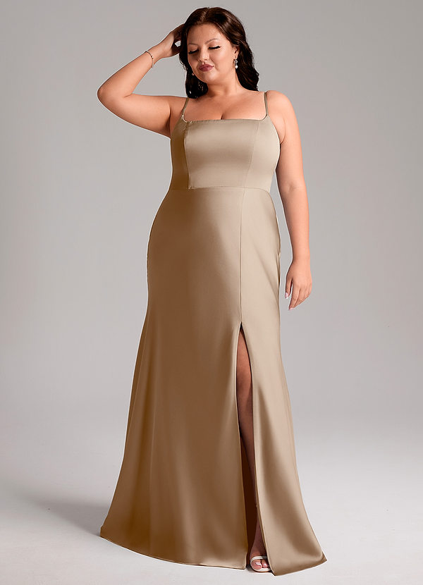 Azazie Lidia Bridesmaid Dresses Taupe Mermaid Side Slit Stretch Satin Dress image1