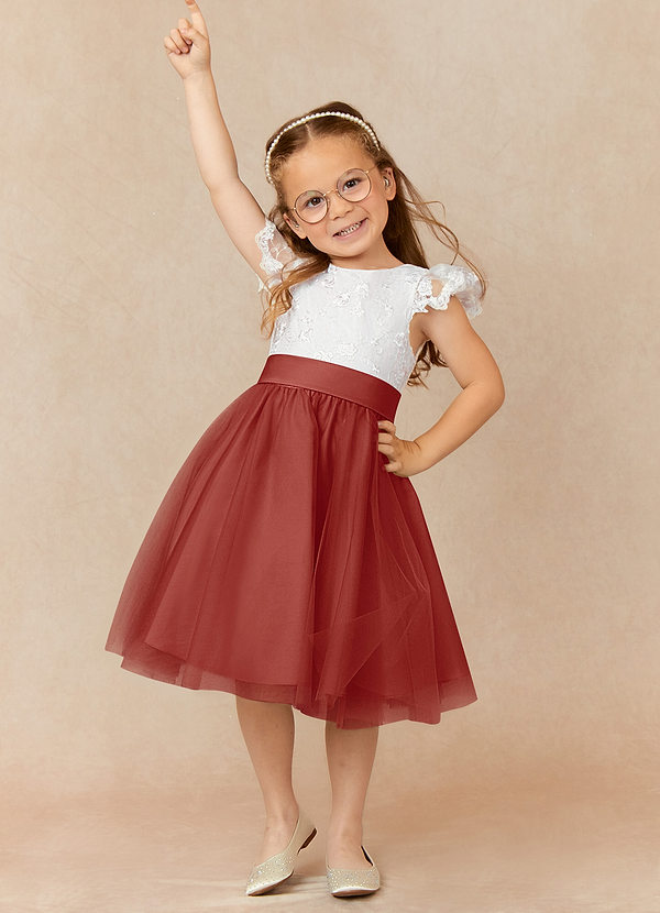 Azazie Vetty Flower Girl Dresses Ivory Terracotta A-Line Lace Tulle Dress image1