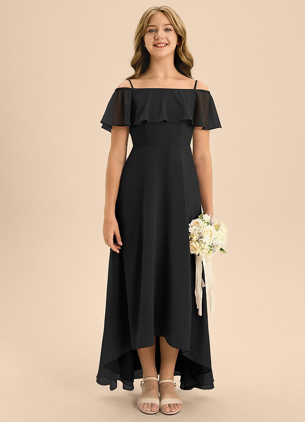 Azazie Maggie Junior A-Linie Schulterfrei Chiffon Kleid Schwarz image1