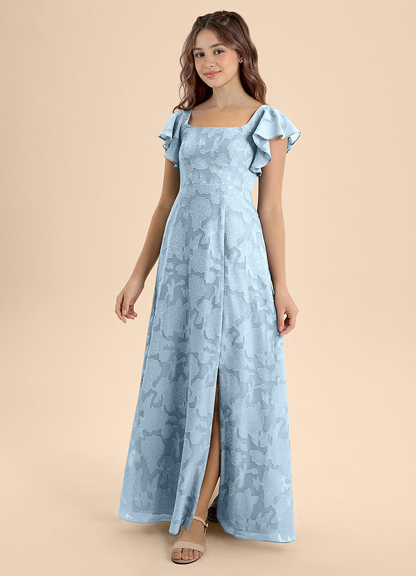 Azazie Bondi Junior Sky Blue A-Line Bow Floral Burnout Dress image1