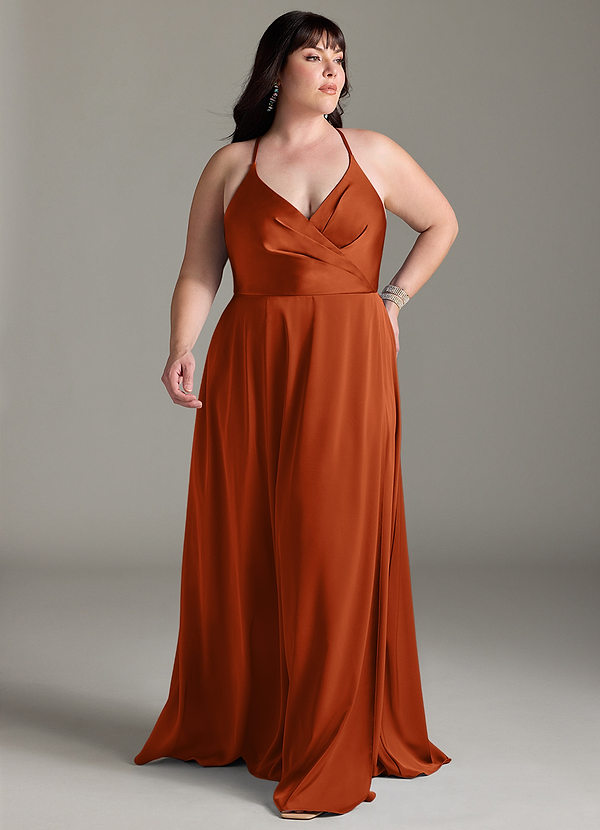 Azazie Davis Robes Demoiselle d'honneur Robe Trapèze en Satin extensible Plissée Orange Brûlée image1