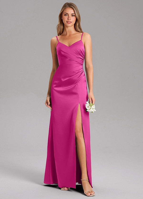 Azazie Azuree Bridesmaid Dresses Fuchsia A-Line Pleated Stretch Satin Dress image1