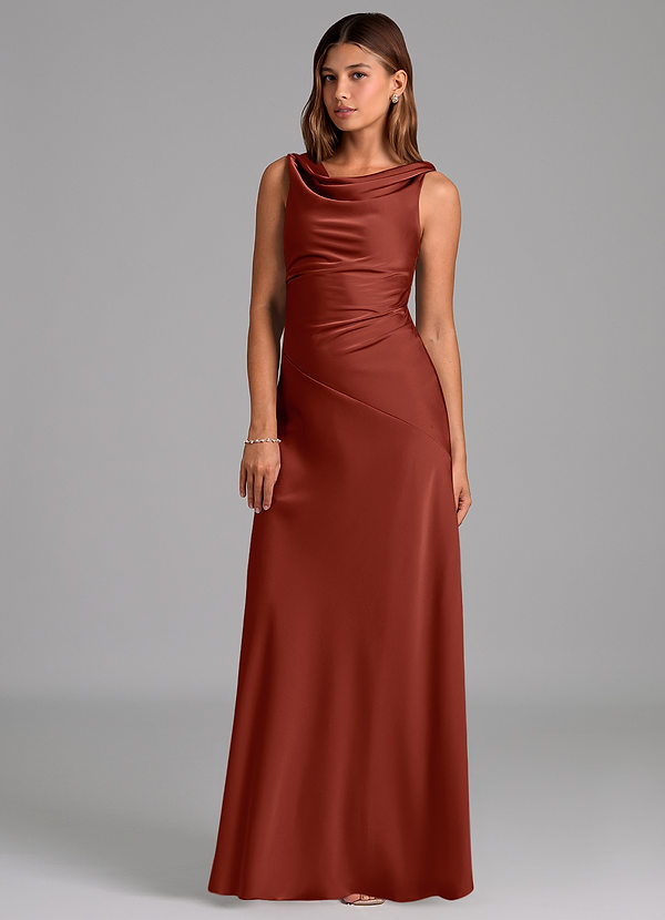 Azazie Nerine Brudtärneklänningar Klä av A-Linje i Stretch Satin Plisserad Terrakotta image1