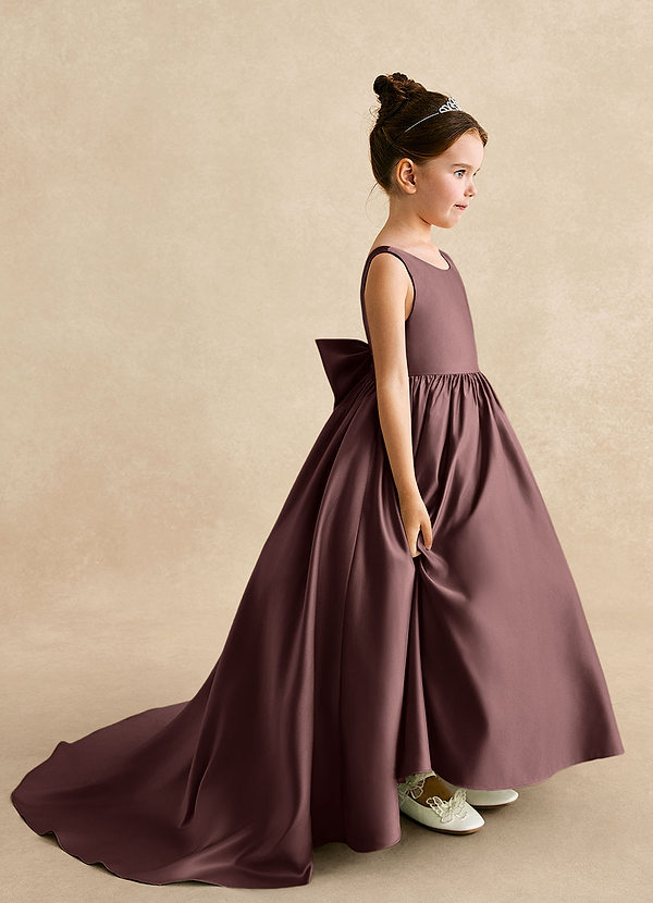Azazie Mimia Flower Girl Dresses Espresso A-Line Bow Matte Satin Dress image1