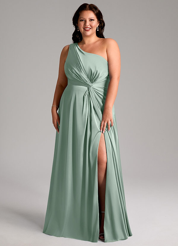 Azazie Brooke Vestidos de dama de honor Vestido Agave de Satén Elástico de Línea A con Un hombro image1