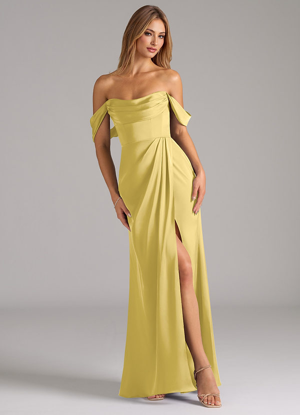 Azazie Johana Robes Demoiselle d'honneur Robe Sirène Convertible en Satin extensible Épaule décolletée Canari image1