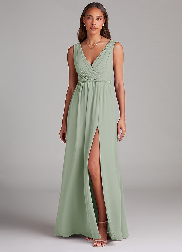 Azazie Tanicia Bridesmaid Dresses Dusty Sage A-Line Pleated Chiffon Dress image1