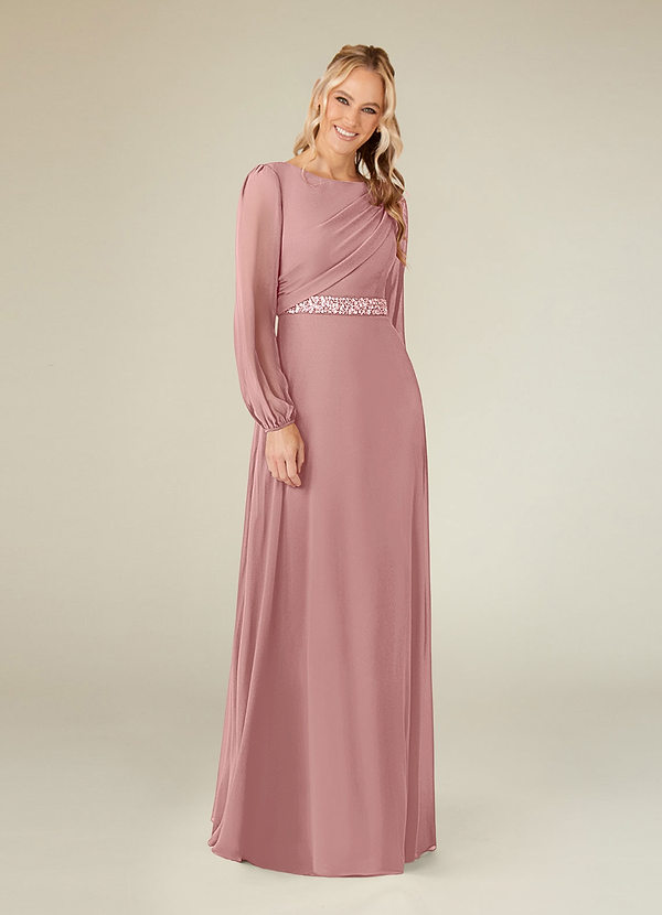 Azazie Priyanka Mother of the Brides Dresses Dusty Rose A-Line Boatneck Pleated Chiffon Dress image1
